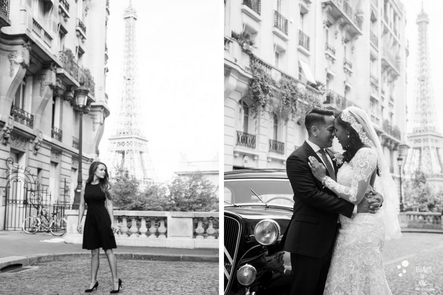 Parisian streey with a view on the Eiffel Tower for a photo session by the paris family photographer Bulles de Joie
