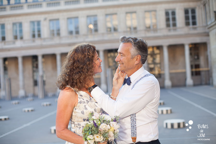 Love photo session in Paris after a vow renewal ceremony in Palais Royal Gardens